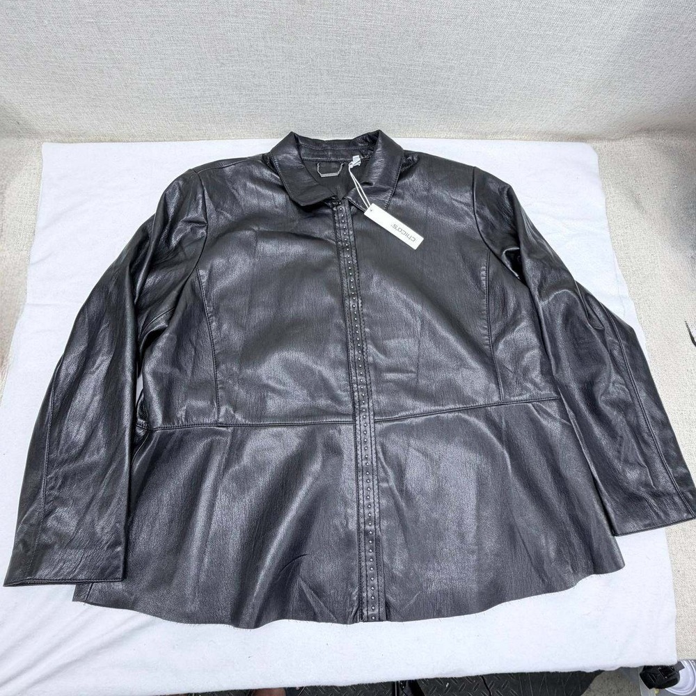 Chicos Faux Leather Peplum Jacket Black Studded Zip Front Size 4 XXL New